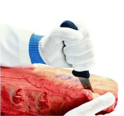 photo main gantée qui coupe un quartier de viande