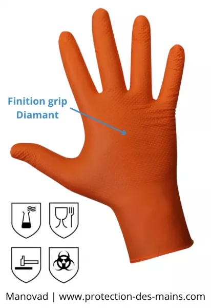 Gants jetables nitrile orange avec finition diamant (boite de 50 gants)